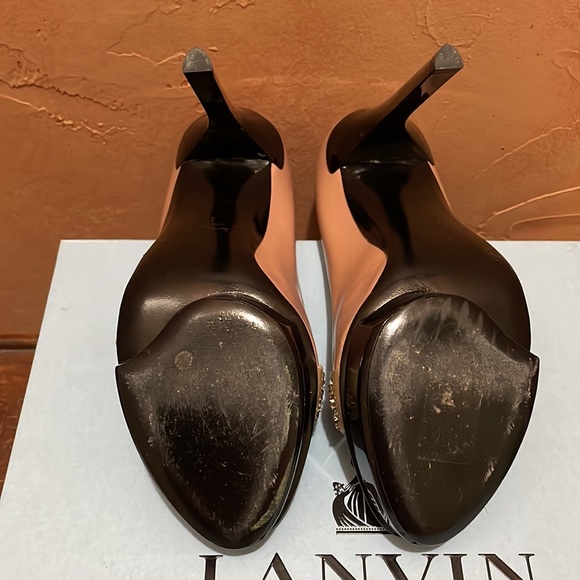 Lanvin Paris open toe platform heel sandals, nude and black with studded vamp - Picture 10 of 14